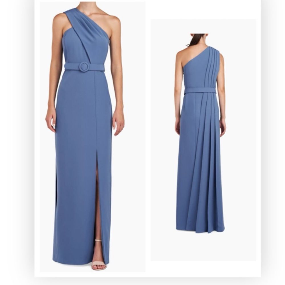 KAY UNGER Bowie Stretch Crepe 1 Shoulder Belted Gown Blue Long Gown NWT $338